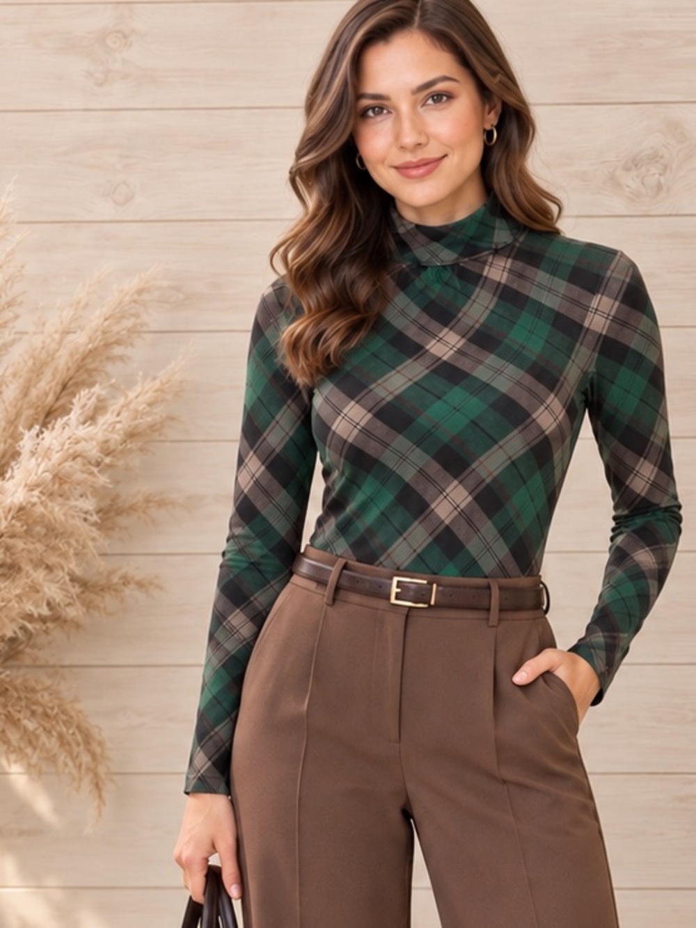 Allegra K Green Black Plaid Mock Neck Long-Sleeve